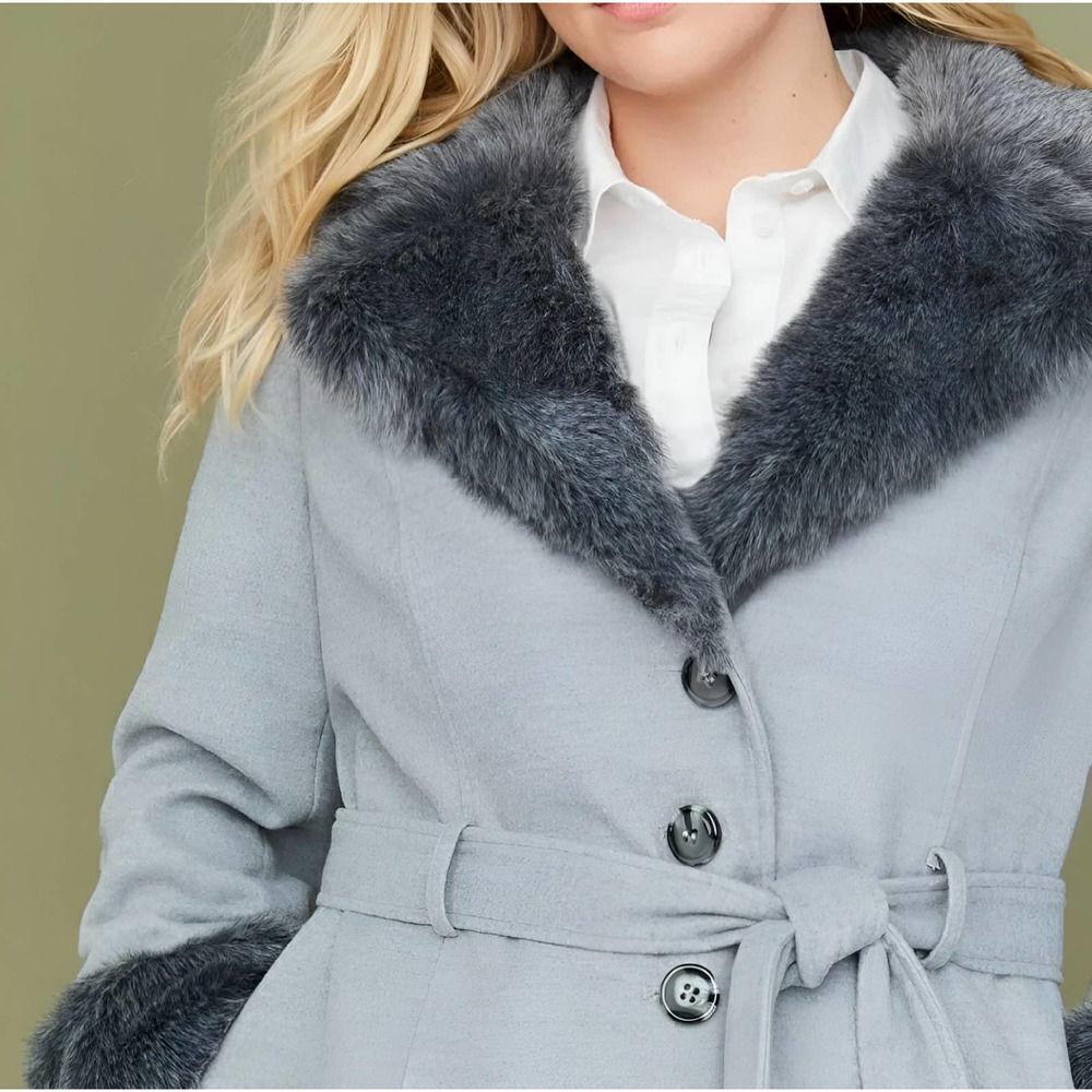 Lane Bryant Grey Full Length Trench Coat with Faux Fur Trim Size 10/12 - Picture 3 of 12
